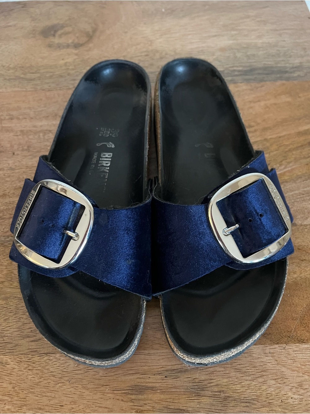 Birkenstock Madrid Big Buckle Velvet Sandal Dark Blue Size 39 L8-8.5